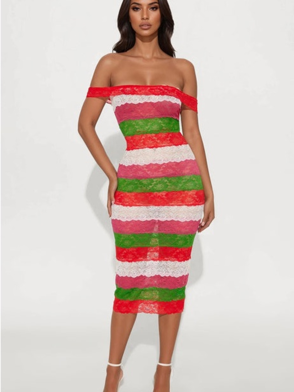 Fashion Nova Off-Shoulder Lace Stripe Midi Dress in Red, Pink, Green & White